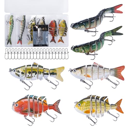 Goture Bass Fishing Lures, Lifelike Jointed Swimbait for Bass Trout Walleye Crappie Pike, Slow Sinking Segment Swimming Bait Fishing Lures for Freshwater and Saltwater, Gifts for Men - color: E2:6pcs Bass Lures with 20pcs Snaps