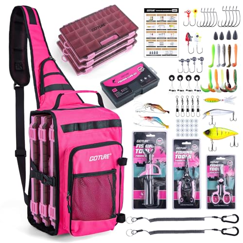 Goture OpenSide Fishing Sling Tackle Storage Bag with 3 3700 Tackle Boxes,Lures & Fishing Tools, Lightweight Fishing Backpack Storage for Fishing Gear-Pink Bag, Gift for Women - color: Pink, size: Large bag with 3700 trays, style: Bag + Fishing Boxes(hand