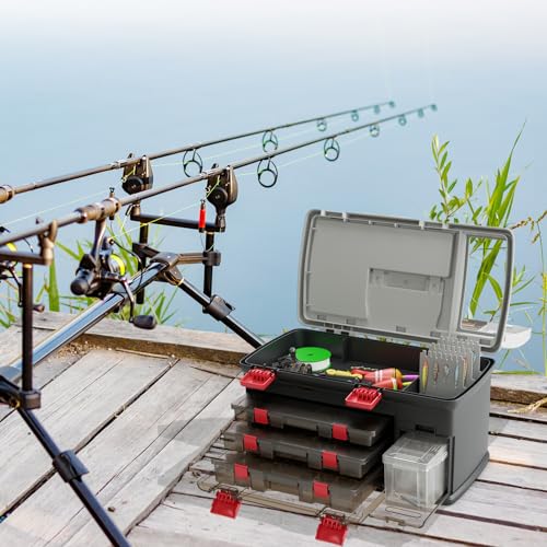 Goplus Large Tackle Box, Portable Fishing Storage w/ 3 Customizable Boxes & Side Storage, Double-layer Top Compartment, Premium Box for Tackle & Tool Organization
