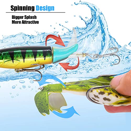 Topwater Bass Fishing Lure Kit, Plopping Propeller Tail Bigger Splash Whopping, Soft Plastic Frog Bait 3D Eyes Lifelike Body Pattern, for Bass Snakehead Musky Pike Walleye, 5 pcs… - color: B Group