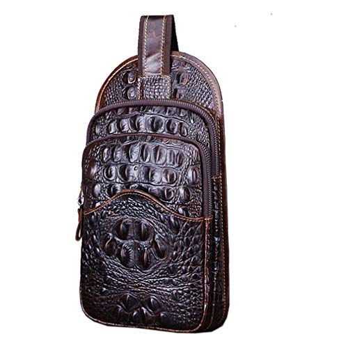 Hebetag Crocodile Genuine Leather Sling Crossbody Bag for Men Travel Outdoor Hunting Hiking Camping Shoulder Chest Pack Backpack Daypack Coffee - color: #12coffee