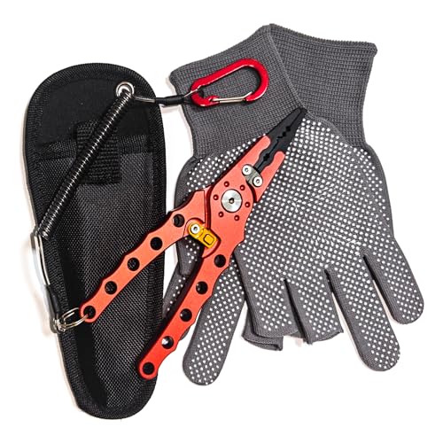 Fishing Pliers with Sheath，gloves and Lanyard; Multi-purpose Saltwater Fishing Pliers with Split Ring,Corrosion Resistance Fly Fishing Pliers(Red)