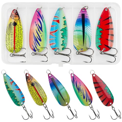 Fishing Spoons Lures 5pcs Saltwater Fishing Lures Trout Spoons, Metal Jig Trolling Jigging Lure Spinner Baits with Treble Hooks for Bass Trout Walleye Salmon - size: 1/2oz-5pcs