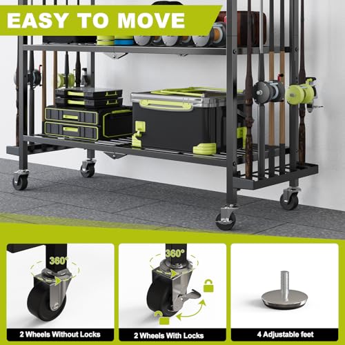 Fishing Rod Holders for Garage, Fishing Rod Stand with Wheels and Pegboard, 3-Tier Pole Storage Rack with 8 Hooks and 12 Rod Slots, Ideal for Tackle, Backpacks, and Gear - color: Black