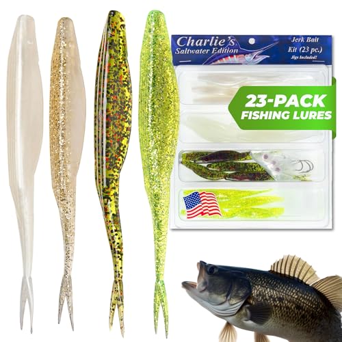 Charlie's Worms Bass Lures Freshwater Fishing Lure - Scented Artificial Softbait for Freshwater & Saltwater Bass Fishing, Swimbait, Softbait - style: Jerkbait (23-piece)