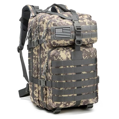 Tactical Backpack for Men, 45L Military Gym Backpacks, Large 3-Day Assault Pack Bug Out Bag MOLLE Daypack for Rucking Fishing Camping (Grey Camo) - color: Grey Camo