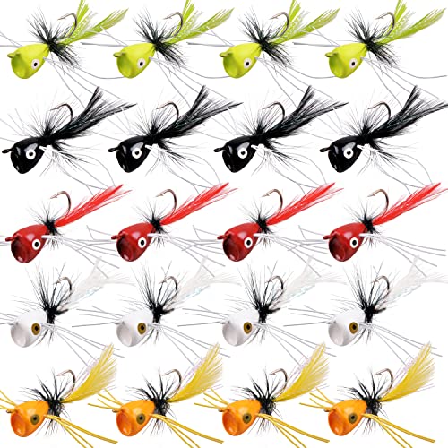 Fly Fishing Popper Lures Kit,Bass Poppers Flies Dry Fly Fishing Flies Panfish Bluegill Popper Bait Bug with Hooks for Freshwater - color: 20pcs Popper Lures Kit