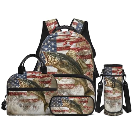 Bass Fishing Backpack 4 Pieces American Flag School Backpack with Lunch Bag Handbag Pencil Case Water Bottle Sling Bag Elementary Middle Rucksack Travel Bookbag - color: American Flag Bass Fish