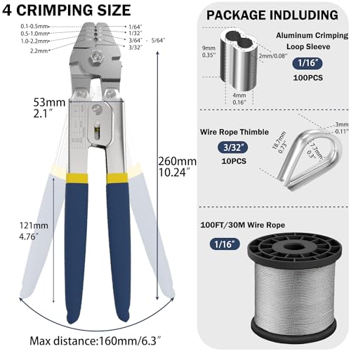 Wire Rope Crimping Tool Kit, 100FT Stainless Steel Cable, 100PCS Aluminum Crimping Loop Sleeve, Wire Rope Thimble