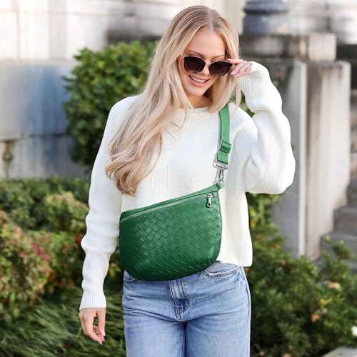 KALIDI Woven Crossbody Bags for Women Travel Vegan Leather Fanny Packs for Woman Cross Body Purse Fashion Belt Bum Bag with Wide Strap - color: Forest Green