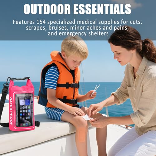 154 Pieces Waterproof Boat First Aid Kit Dry Bag with Out Bags Pouch Roll Top Boat Emergency Kit 2-in-1 for Camping Fishing Kayaking Swimming Rafting - color: Pink