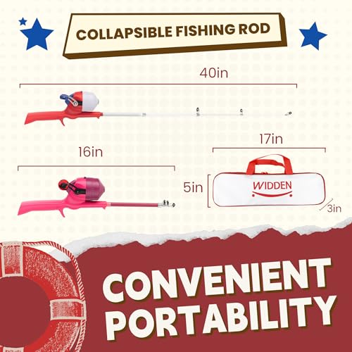 Kids Fishing Pole, Telescopic Fishing Rod, Toddler Collapsible Fishing Rod and Reel Combo with Tackle Box, Fishing Line, Bobber, and Soft Lures for Boy, Girl, Youth, Beginner, Over 4 Years Old - color: red+pink
