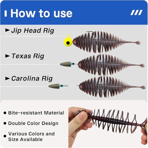 Eupheng 20PCS Soft Plastic Swimbait, Ribbed Plastic Baits with Tickle/Paddle Tail, Fishing Worms Bionic Soft Leech Fishing Minnow Bait for Bass, Pike, Trout, Walleye - color: Dark Green, size: 7cm(2.75inch)