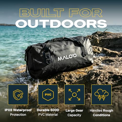 Malo’o Waterproof Dry Duffel, Heavy-Duty Roll Top Waterproof Gear Bag with Shoulder Strap & Molle Loops, Marine Duffel for Kayaking, Boating, Camping, Beach & Travel, Black, 40L