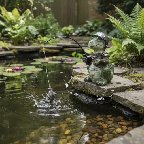 Garden Dinosaur Pond Statues Decoration, Fishing Dinosaur Garden Statue Outdoor Koi Pond or Waterfall Decor, 7.1" Crocodile Fishing Poolside Statue, Animals Patio, Lawn Additional, Gifts for Mom - color: Fishing Dinosaur