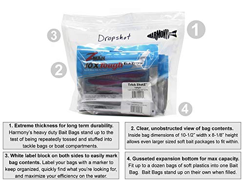 Harmony Fishing Bait Bags (10 Pack) - Durable Clear Storage Bag Organizers for Soft Plastic Baits, Lures, Tackle, and Fishing Accessories
