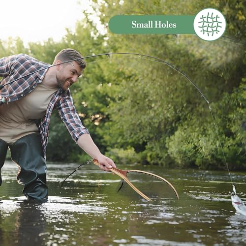 25.5in Fly Fishing Net, Trout Net with Wooden Handle, Soft Rubber Catch and Release Landing Net, Lightweight Fish Net with Safety Lanyard for Stream Creek River Fishing