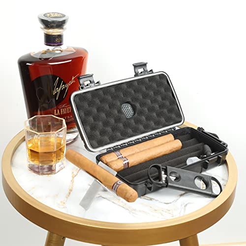 Travel Humidor Box With Cigar Accessories - Spanish Cedar, Humidifier, Cutter, Stand, Punch - Holds 4-5 Cigars - Waterproof, Crushproof, Airtight Seal - size: Store 4-5 cigars