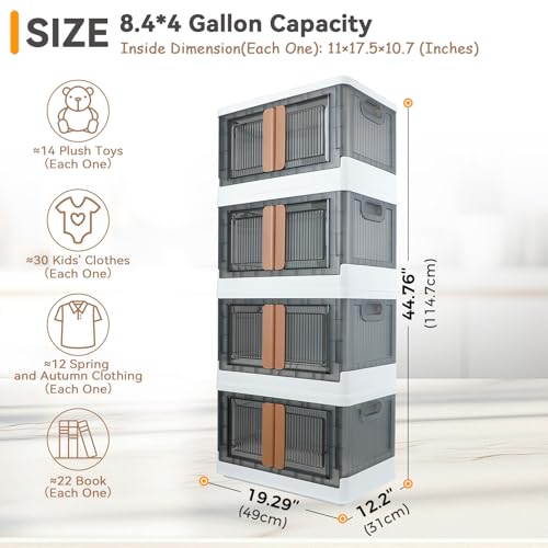 Storage Box, Plastic Cabinet, 8.4 Gallon (32L) Capacity (Each One), 4 Packs, Stackable Collapsible Drawer, with Door and Buckle, Organizer for Home and Office, Transparent - color: White,Gray, size: 8.4 Gal (32L) × 4