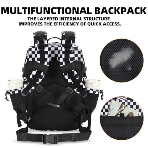 Lovelinks21 25L Tactical Military Backpack Small Travel Rucksack for Men and Women Assault Pack Bug Out Bag Molle Daypack Gym Backpack with Bottle Holder (Black White Checkered) - color: Black White Checkered