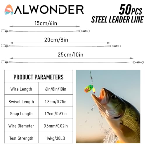 Alwonder 50-Pack Fishing Leaders, Fish Line Stainless Steel Wire with Swivels Snap, High-Strength 30LB Hi-Low Rig Fishing Wire Leader Fishing Tackle Gear Connector for Lures Baits Rigs Hooks - color: Silver, size: 8IN