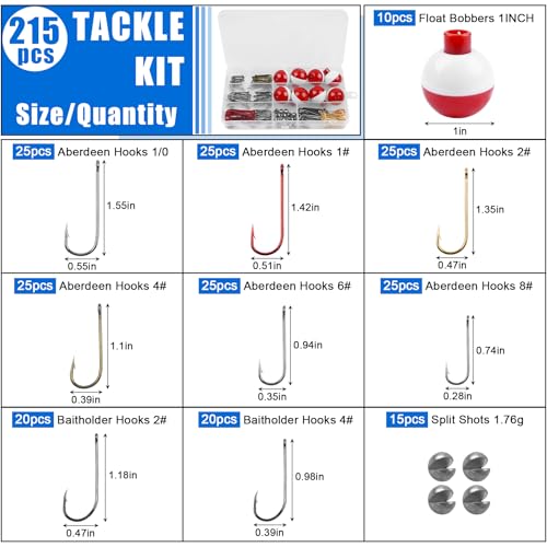 215pcs Fishing Bobbers Hooks and Sinkers, Beginners Fishing Tackle Kit | Basic Handy Fishing Tackle Box Kit for Artificial and Live Baits, Trout Panfish
