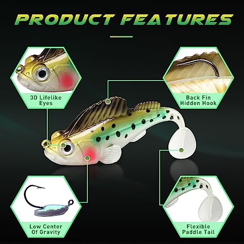 GOTOUR Pre-Rigged Soft Fishing Lures with Weedless Hook, Lifelike Paddle Tail Swimbaits for Bass Fishing, Freshwater & Saltwater Fishing Bait, Fishing Tackle for Bass, Pike, Trout, and Walleye - color: A1-2.8"-0.4oz