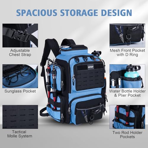 Goture Fishing Backpack,900D Water-Resistant Tackle Backpack with Rod Holders, SBS Zippers,45L Large Fishing Bag Storage Gear Tackle Bag with Rain Cover, Bottle Holder for Travel Camping Hiking - color: A1:Blue Black(Only Bag), size: Without Tackle Boxes