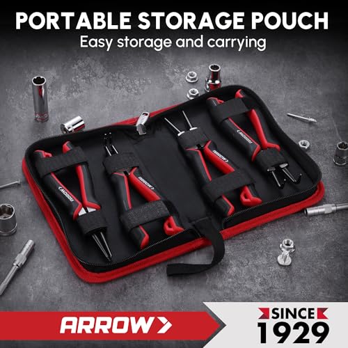 ARROW Snap Ring Pliers Set, 4-Piece Heavy Duty 7-Inch Internal/External Circlip Pliers with Straight & Bent Jaws, CR-V Steel, Spring-Loaded Precision C-Clip Removal Tool with Storage Pouch