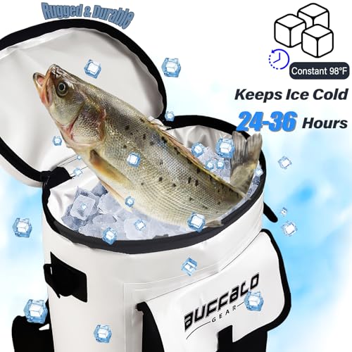 Buffalo Gear Fish Cooler Backpack 32Qt Waterproof Fishing Backpack Cooler Portable Fish Bag, Keep Ice Cold More Than 24 Hours - color: White-32qt