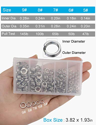 250pcs Fishing Split Rings Assortment Kit, Stainless Steel Double Flat Wire Snap Ring Lure Tackle Connector