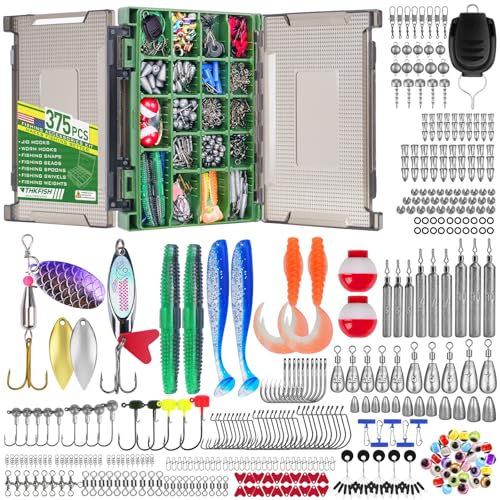 THKFISH 375pcs Fishing Accessories Kit, Double sided Organized Fishing Tackle Box with Tackle Included Hooks, Weights Sinkers, Bass Fishing Gear Gifts