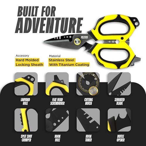Beyond Fishing 6.5" Pro Fishing Shears Dual Serrated Blades, Fishing Braided Line Scissors with Titanium Coating, Non-Slip Grip & Multifunction Tool, Includes Hard Molded Locking Sheath - color: Omnipro - Black and Yellow
