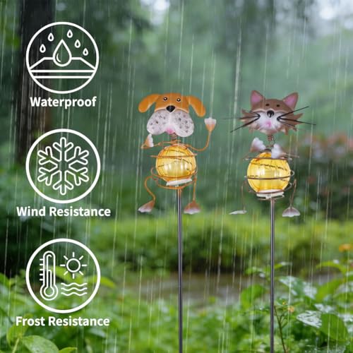 Solar Garden Lights,26''H Cat Dog Waterproof Decorative Solar Stake Light,Decorative Statues Figurine Lights for Lawn Patio Pathway for Outside - color: Cat and Dog