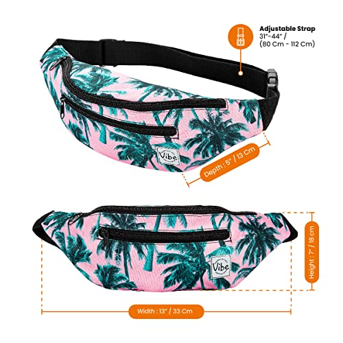 Vibe Festival Gear Rave Fanny Pack for Women Men – Festival, 4 Pockets, Adjustable Strap, Cute Waist Bag, Crossbody Belt Bag, Hiking, Running, Cycling - color: Palm Leaves Pink Tropical, size: Fits Most