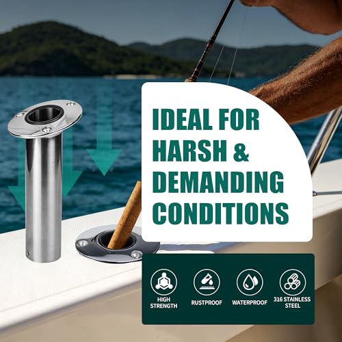 2 Pack Fishing Rod Holders for Boat, 316 Stainless Steel, 3 Angles (15°/30°/90°) Flush Mount, Heavy Duty Saltwater Corrosion Resistant with Thickened Nylon Nesting & Stopper Pin - style: 15 Degree