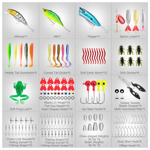 WITOROR Fishing Lures, Tackle Box with Tackle Included, Crankbaits, Soft Plastic Baits, Hooks, Weights & Fishing Accessories, Freshwater Fishing Gear Kit for Bass, Trout, Walleye & Beginners - size: 144pcs Basic Kit
