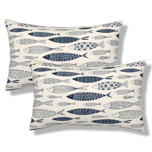 Ornamental Fish Throw Pillow Covers Watercolor Blue Fish Lumbar Pillow Cases 12x20 Inch Set of 2 Cute Sea Sketch Outdoor Decorative Pillowcase Cushion Cover for Couch Sofa - color: Blue Beige, size: 20" x 12" (Pack of 2)