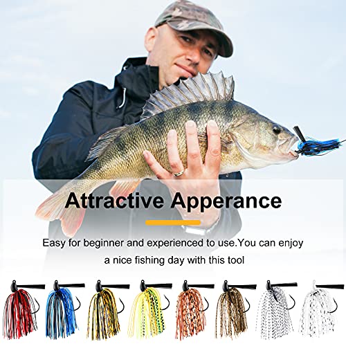 Sumind 8 Pcs Bass Fishing Jigs Bass Weedless Football Jig Metal Football Head Kit Swim Silicone Skirts Weed Guard Flipping Lures, Colorful, 10 G/ 3/8 oz