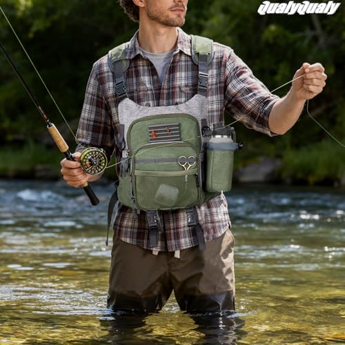 QulayQualy Fly Fishing Pack - Chest Pack with Work Station Lightweight Tackle Fishing Bag with Quick-Release (Green, L-12'' w/Cup Sleeve) - color: Green, size: L-12''