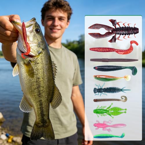 Clearance Bionics-Designed Durable Soft Plastic Fishing Lures Kit with Bonus Accessories, 3/4/5/6 Inch, 9-Type Lifelike Swimbaits in One Gear Set Included Tackle Box for Bass - color: Green box 15-type lures