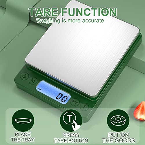 Digital Food Scale for Food Ounces and Grams，YONCON 3000g/0.1gram Accuracy Multifunctional Kitchen Scale for Cooking, Baking | Small Size for Easy Storage | Tare Function - color: Dark Green