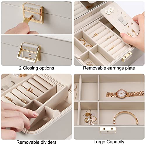 KAMIER Jewelry Box, 2 Layers PU Leather Jewelry Organizer Box, Large Capacity, Double Lock and Large Mirror, Hidden Necklace Hooks, Removable Dividers, Grey - color: Gray, size: mirror