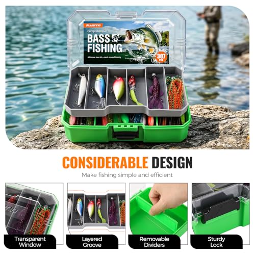 PLUSINNO Bass Fishing Lures - Pro Tackle Box Kit for All Water, 307 pcs | Largemouth Smallmouth Bass Fishing Kit, Freshwater, Lake, 6 Pre-rigged Rigs for Ready to Use, Beginners Fishing Tackle - color: green