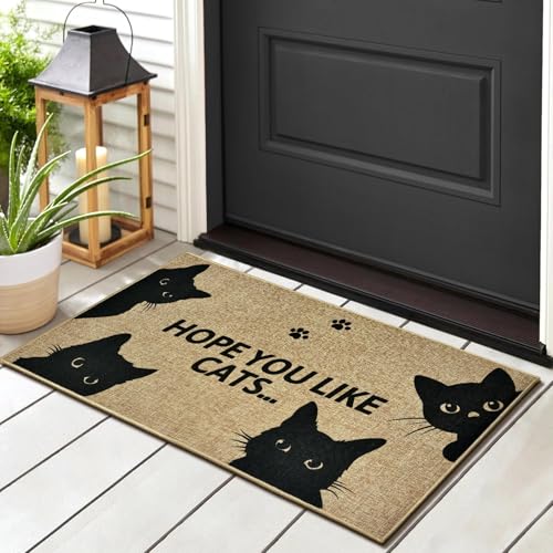 Black Cat Welcome Doormat Outdoor Funny Cat Entryway Rug Cute Animal Carpet Mat Modern Inside Outside Non-Slip Doormat Indoor Washable Floor Mat for Patio Hallway Home Decor - color: Cat