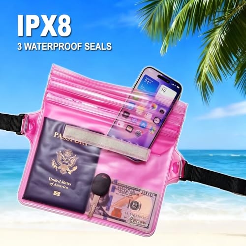 Waterproof Fanny Pack, Dry Bag Phone Pouch for Beach Swimming Kayaking | Floating dry bag keeps wallet & purse safe. Triple zip-lock seals water. Touchscreen works wet. Cruise, fishing & travel - color: Black+Pink
