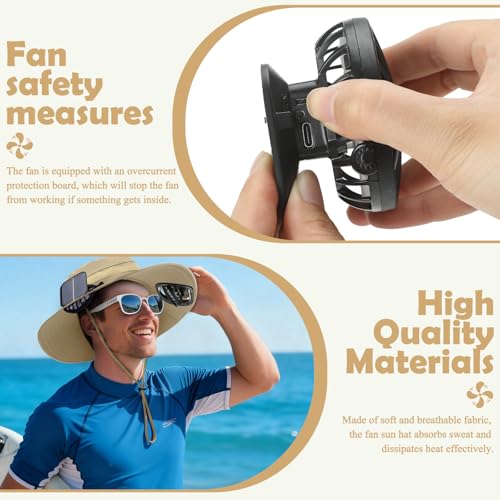 Berlune Sun Hat with 2 Solar Fan Wide Brim Fishing Bucket Hat USB & Solar for Men Women UPF 50+ Cooling for Fishing Beach - color: Khaki, size: 5.9 Inch Brim
