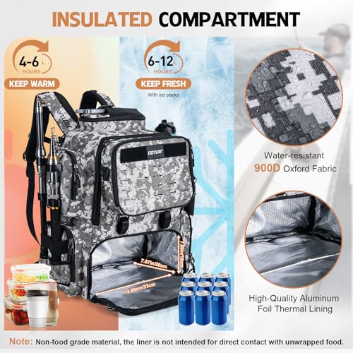 Goture Fishing Backpack, 58L 900D Water-Resistant Insulated Tackle Backpack with Cooler, Rod Holders, 8 Lure Pockets, Detachable Crossbody Bag, Gear Storage Large Fishing Bag for Camping Hiking - color: Digital Camo