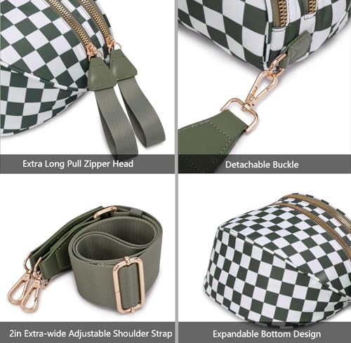 Pure Colour Crossbody Bum Bags for Women Spacious Checkered Cross body Bag Nylon Trendy Fanny Pack for Travel - color: Beans Green Checkered