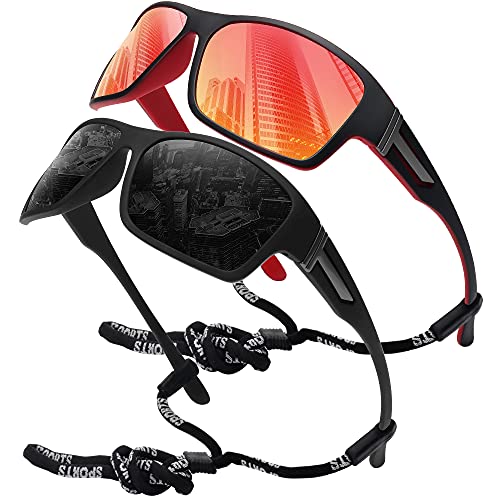 STORYCOAST Polarized Sports Sunglasses for Men Women Unbreakable Frame Cycling Fishing Driving - color: 2pack Black+red Mirror